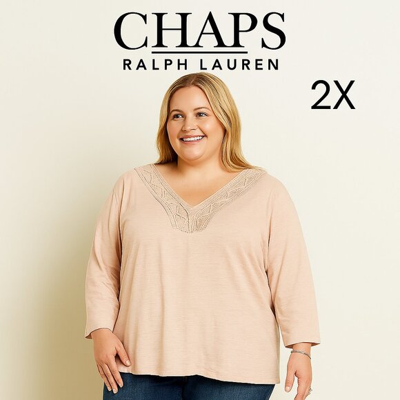 CHAPS Ralph Lauren Blush Pink V-Neck Cotton Top 2X – 3/4 Sleeve - Picture 1 of 6